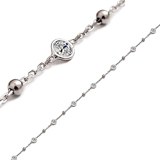 ICEBERRY 925 Sterling Silver Ankle Bracelets for Women - Chain Anklets for Women Waterproof with Zircon Stones CZ and Beads - Rhodium Plated - Plus Size and Medium Size - Adjustable 9-13 Inch