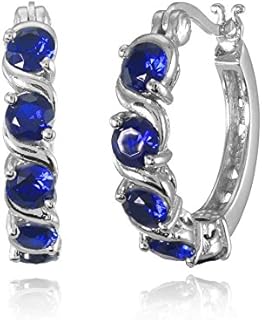 Sterling Silver Hoop Earrings with Sapphire Accents for Women - S-Design Round Huggie Hoops with Post with Snap Down Back Finding - True or Synthetic Blue Sapphire Gemstones
