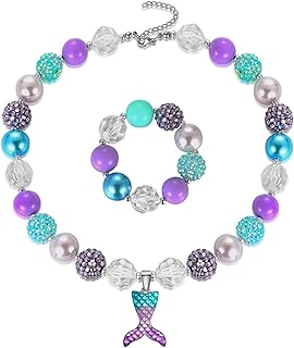 Mermaid Pendant Necklace Bubblegum Toddler Sparkly Bead Necklace & Bracelet Jewelry Set for Kids First Birthday Gifts