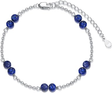 Lobster Claw Clasp Lapis Lazuli Bangle Bracelet with Bead Chain for Women, Round Shaped Blue Gem Design