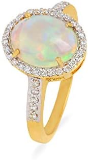 Certified 14K Yellow Gold Ring With 1.6 Cts Opal Cabochan Real Gemstone And 0.23 Carats Natural Diamonds (H-I Color, Vs2-Si1 Clarity) Engagement Wedding Ring For Women