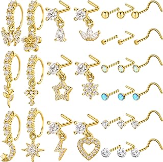 Trnayi 30 Pcs 20g Dangle Nose Ring L Shaped Dangling Nose Piercings Jewelry for Women Men Cute Nose Ring Stud Hoop Indian Nose Screw Surgical Steel Nose Ring with Charm