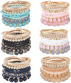 WAINIS 6 Sets Bohemian Stackable Bead Bracelets for Women Multicolor Stretch Beaded Bracelets Layered Bead Adjustable Bracelet Turquoise Stretch Bracelets