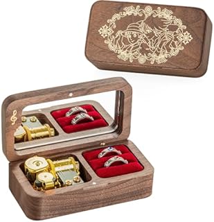 Howls Moving Castle Music Box with Adjustable Rings, Wind Up Jewelry Music Box, Wedding Ring Box Gift for Engagement Wedding Anniversary Birthday Christmas Valentine's Day (Walnut)