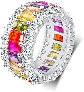 MDFUN 18K White Gold Plated Engagement Promise Wedding Eternity Ring for Women, Sparkling Colorful Cubic Zirconia Rings Size 5-10
