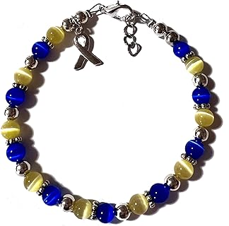 Handcrafted in USA, Silver and Cat's Eye Beaded Down Syndrome Awareness Bracelet with Cord and Bead Chain, Lobster Claw Clasp, Blue & Yellow