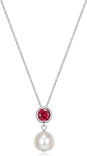 .925 Sterling Silver Bezel-Set Gemstone and 8mm Freshwater Cultured Pearl Drop 3/4" Pendant Necklace on 18" Chain - Choice of Birthstones