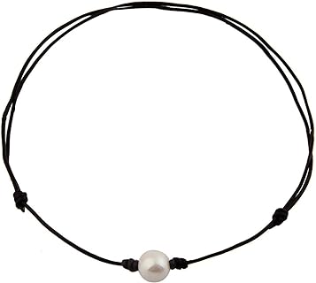 Adjustable Single Pearl Choker on Genuine Leather Cord with Lobster Clasp for Women, Handcrafted Bead Necklace