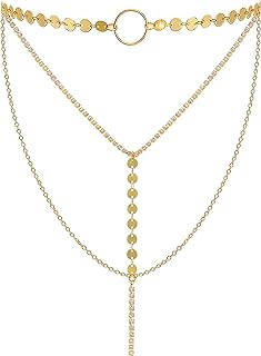 Suyi Stylish Layered Sequins Choker Necklace with Thin Long Chian Pendant for Women Lady Girl