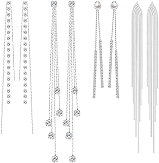 4 Pairs Long Tassel Dangle Drop Earrings Metal Chain Earrings Fake Crystal Pearl Rhinestone Earrings Wedding Formal Jewelry