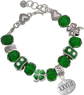 Delight Jewelry Silvertone Marathon with Crystal Roman Numeral - Green Irish Luck Bead Charm Bracelet, 7.5"