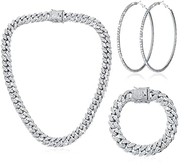 Batiyeer Cuban Link Chain Necklace Bracelet Rhinestone Earrings Bling Necklace Bracelet Crystal Big Circle Earring for Women