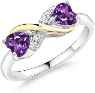Gem Stone King 925 Sterling Silver and 10K Yellow Gold Heart Shape Purple Amethyst and White Lab Grown Diamond Women Ring (0.88 Cttw, Gemstone Birthstone, Available In Size 5, 6, 7, 8, 9)