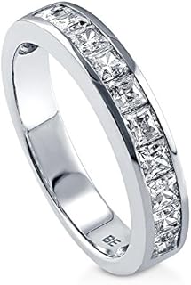 Half Eternity Cubic Zirconia Wedding Ring in Sterling Silver for Women by BERRICLE - Rhodium Plated Princess Cut Design, Sizes 4-10