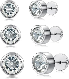 18K White Gold Plated Round Bright Cut Cubic Zirconia Bezel Stud Earrings Set Hypoallergenic Women Men 5-7mm
