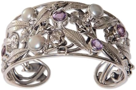 NOVICA Artisan Handmade Amethyst Cultured Pearl Cuff Bracelet Floral 925 Silver with Amethysts Pearls Sterling Freshwater Purple White Indonesia Birthstone [5.5 in L (end to End) x 1.3 in W] '