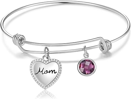 Stainless Steel Birthstone Bangle Bracelet with Lobster Claw Clasp & Box Chain for Mom, Adjustable Size Design - Perfect for Mothers Day, Christmas, Birthday