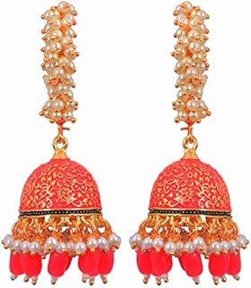 Indian Ethnic Designer Traditional Bollywood Wedding Bridal Fashion Hoop Style Gold Plated Kundan Pearl Meenakari Dangle Jhumka Earrings