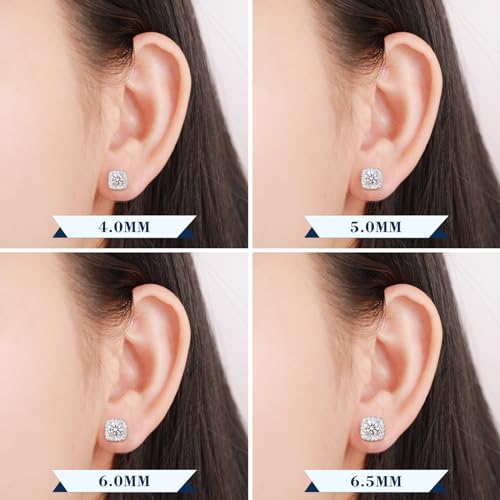 Moissanite Square Earrings Stud Screw Back 0.6-2.0ct 4-6mm 18K White Gold Plated 925 Sterling Silver Moissanite Diamond Halo Stud Earrings for Women Girls Men