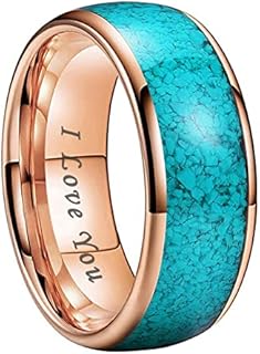 8mm Silver Black and Rose Gold Tungsten Rings for Men Women Engagement Wedding Bands Crushed Turquoise Inlay Domed I Love You Engraved Comfort Fit