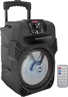 Pyle Altavoz Bluetooth Recargable con 400W, Subwoofer de 8, Tweeter de 1, Luces de Fiesta, Control Remoto y Función de Grabación. Ideal para Uso en Exteriores y Fiestas
