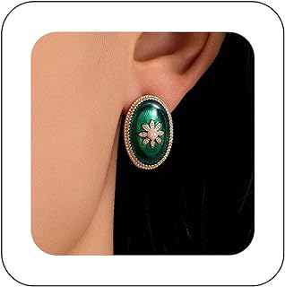 Andelaisi Boho Enamel Green Stud Earrings Vintage Oval Flower Earrings Green Enamel Earrings Personalized Oval Pearl Earrings Jewelry for Women and Girls