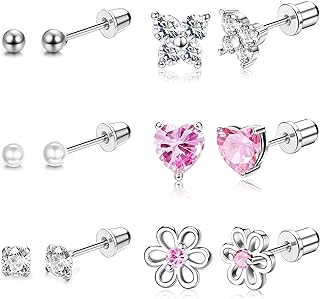 Screwback Hypoallergenic Stainless Steel Stud Earrings - Elegant Set of 6 with Pearls, Cubic Zirconia in Ball, Heart, Butterfly and Flower Designs for Women
