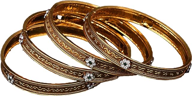 Lobster Claw Clasp Emerald-Cubic-Zircon Bangle Bracelet, Gold-Plated Intricate Traditional Design for Women and Girls