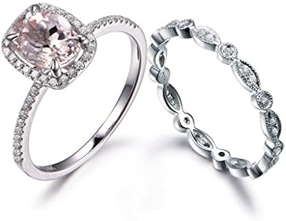 2pcs Morganite Bridal Rings Set,6x8mm Oval Peach Pink Gemstone Claw Halo Ring 14k White Gold Diamond Band