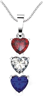 Solid Sterling Silver Three Stone 2.25 CTW Lab-Grown Ruby, White, Blue Heart Shaped Gemstone Pendant Necklace | Patriotic Pendant | Gift for Birthdays and Anniversary For Her