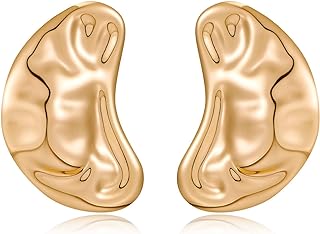 Hammered Gold Brass Metal Chunky Stud Earrings with Irregular Moon Shape Dangle Design, No Gemstone, Perfect for Women's Trendy Jewelry Gifts
