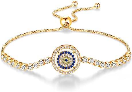 Lobster Claw Clasp 14K Gold Evil Eye Bracelet with Moissanite Gem for Women, Adjustable Box and Link Chain Design