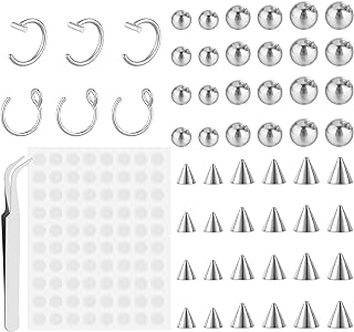 54pcs Piercing Balls Fake Eyebrow Rings Nose Lip Labret Studs 3MM 4MM 5MM Steel Color Fake Piercings With Sticker Non-Piercing Nose Rings Hoop Easy to Wear and Remove