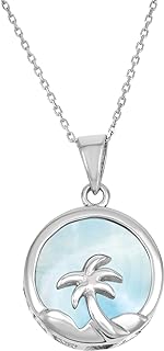 Spring Ring Clasp Sterling Silver Larimar Palm Tree Circle Pendant Necklace, with 18" Cable Chain for Women, Natural Gemstone Jewelry