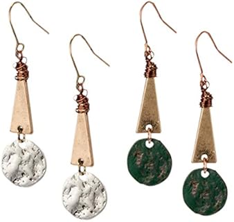 Women's Light-Weight Boho Disc Dangle Earrings with French Wire Back Finding in Silver and Copper - 2 Pack