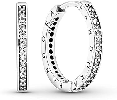 Chic Pave Heart Hoop Earrings with Hinged Hoop Back Finding & Cubic Zirconia - Sterling Silver PANDORA Sparkle & Logo Design
