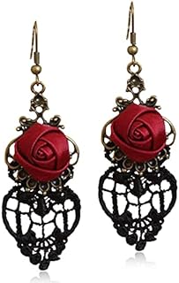 Vintage Handmade Red Rose Dangle Earrings with French Wire Back - Lightweight Punk Style Alloy Earrings for Women and Girls - Unique and Elegant Design