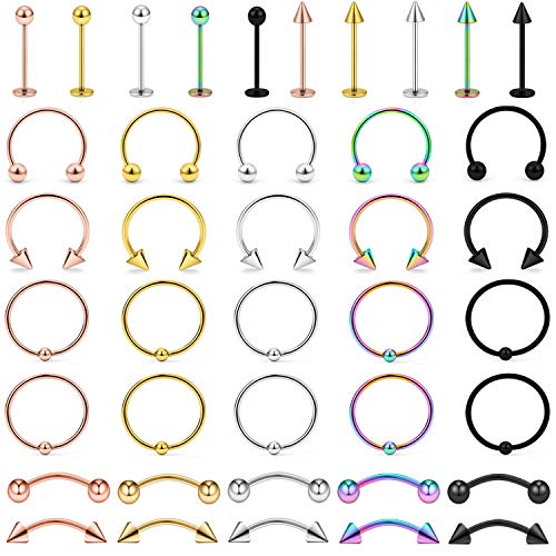 Ftovosyo Cartilage Earrings Hoop 40Pcs 316L Surgical Steel Labret Stud For Women Men Nose Lip Horseshoe Piercing Rings Tragus Helix Ear Body Piercing Jewelry 20G