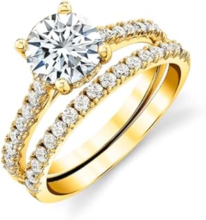 2 Carat Round-Cut Moissanite Under Halo Bridal Set Engagement Wedding Ring 18K Yellow Gold over Silver