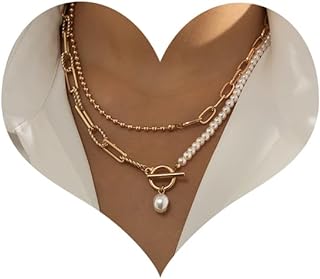 Dainty Layered Baroque Pearl OT Clasp Necklace for Women Girls,Vintage Paperclip Pearl Chain Choker Necfklace Adjustable Beaded Ball Chain Fashion Retro Charm Jewelry