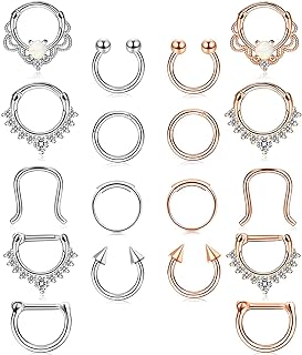 Udalyn 18-Piece Stainless Steel Nose Ring & Septum Set - Hoop, D-Shaped & Horseshoe Designs with CZ & Opal Accents - Body Piercing Jewelry for Men & Women