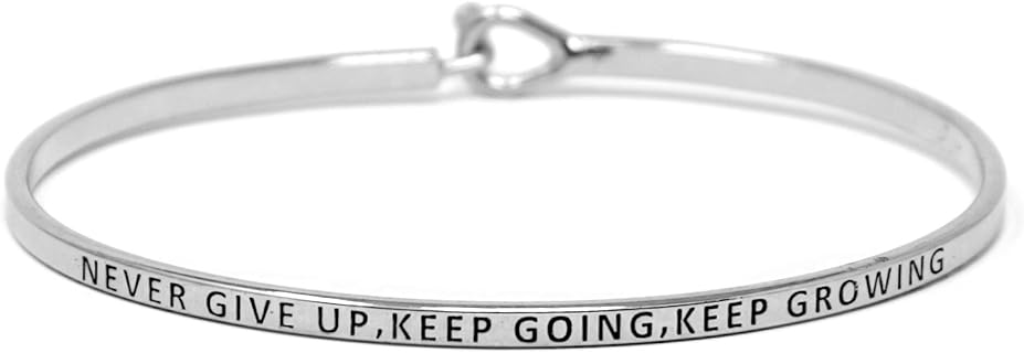 Inspirational Positive Quote Message Engraved Thin Cuff Bangle Hook Bracelet (NAVER GIVE UP, KEEP GOING, KEPP GROWING-SILVER)