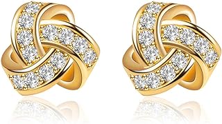 14K Gold Plated Love Knot Stud Earrings with Cubic Zirconia for Women, Push Back Sterling Silver 925 Studs