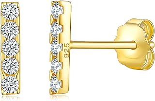 Solid 18K Gold Over 925 Sterling Silver Stud Earrings, Mini Bar Line Stick Stud Earrings/Silver Earrings, Gold Earrings for Women
