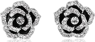 Rhinestone Camellia Flower Small Statement Stud Earrings with Filigree Design for Women