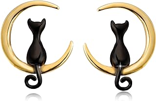 ECHOOY Cat Earrings 925 Sterling Silver Cat Moon Stud Earrings Black Cat Earrings for Cat Lovers Cute Cat Jewelry Gifts for Women Girls