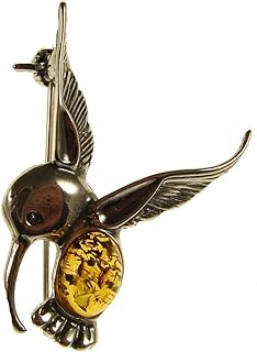 Baltic Amber & Sterling Silver Hummingbird Brooch Pin with Pin Clasp - 27mm x 10mm Polish Designer Jewelry