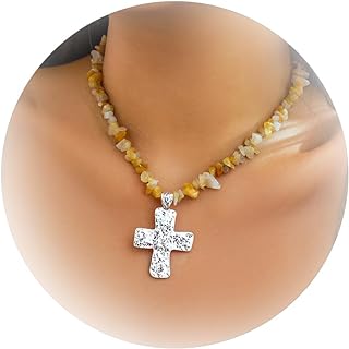Turquoise Beach Necklace Yellow Handmade Cross Necklace Beads Pendant Necklace Crystal Beaded Cross Necklace Jewelry for Women Girls Faith Jewelry Gift