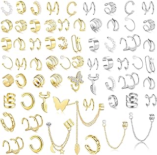 BESTEEL 66 Pcs Ear Cuff Earrings for Women Non Piercing, Hypoallergenic Fake Earrings, Silver Clip on Cartilage Earrings for Sensitive Ears, Gold Ear Wrap Earrings for Helix Cartilage, Cross X Double Line Cat Claw Cz Pearl Star Butterfly Ear Cuffs Non Piercing