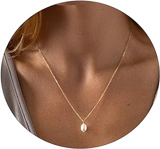 Dainty Pearl Drop Choker Necklace with Cable Chain and Lobster Clasp for Women and Girls, 14k Gold Plated